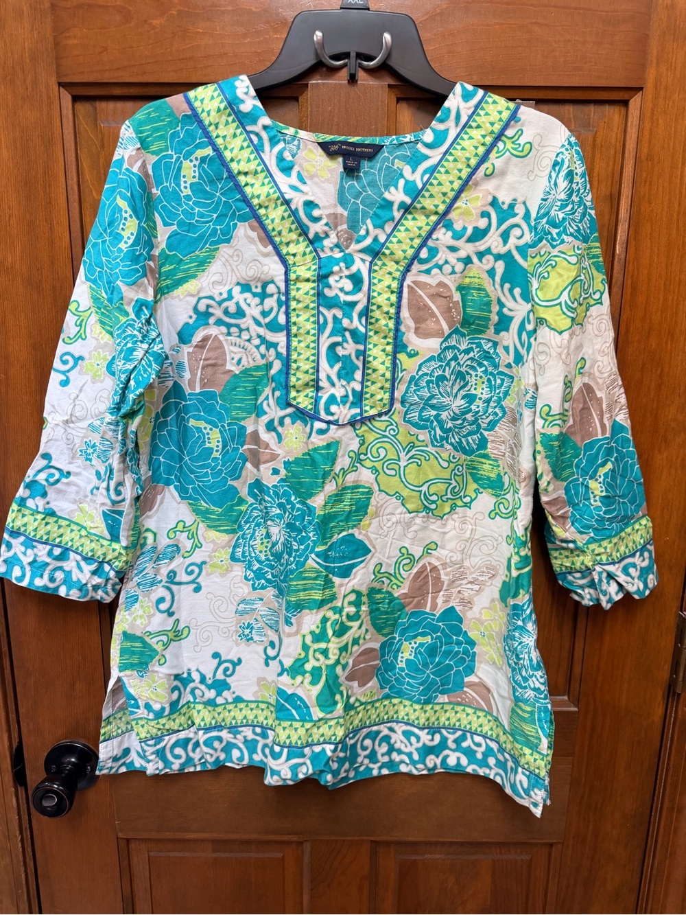Brooks Brothers Teal and Green Floral V-Neck Tunic